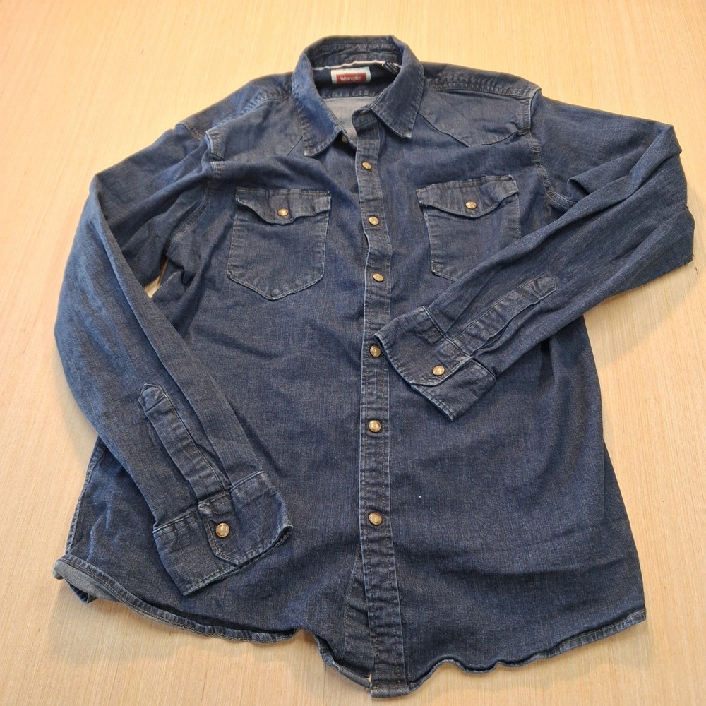 Wrangler Button-Down Shirt Mens L Western Dark Wash Blue Pearl Snap EUC